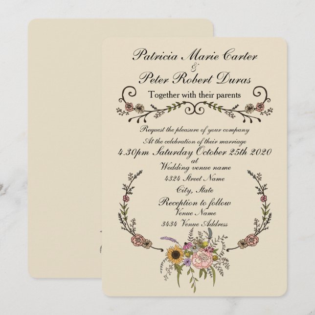 Élégante carte Fleur sauvage Faire-part de mariage (Devant / Derrière)