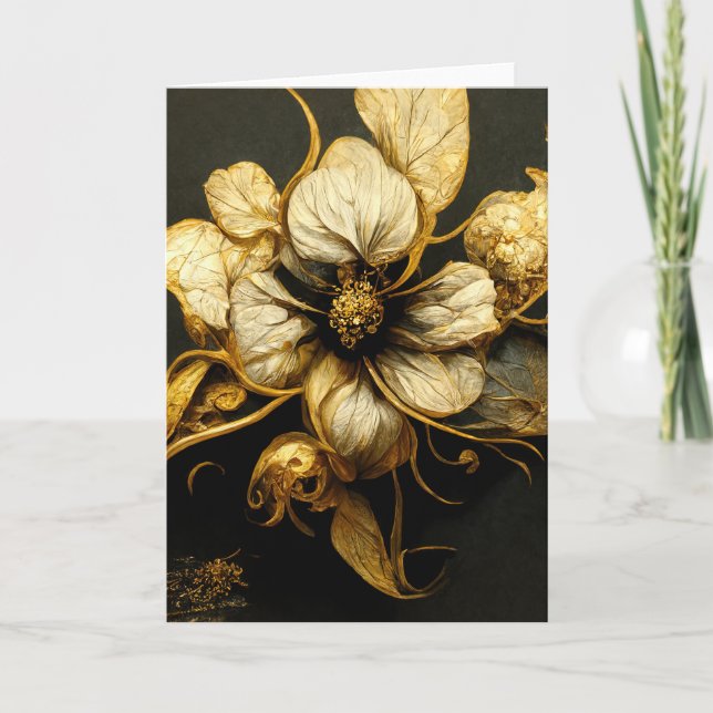 Elégante carte florale noire et or baroque (Devant)