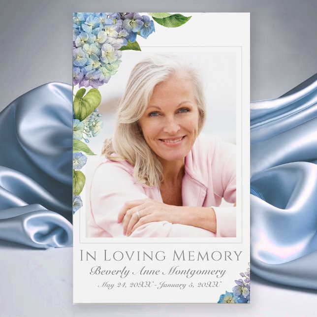 Elégante Carte funéraire commémorative photo Blue  (Elegant In Loving Memory Blue Hydrangea floral Photo Funeral Card with Poem)