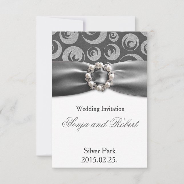 Élégante carte Mariage à ruban gris argent (Devant)