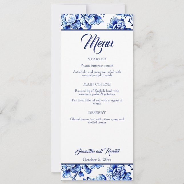 Elégante carte Mariage Blue White Floral Toile (Devant)