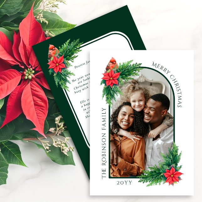Elégante carte photo de Noël avec message sur le d (Elegant Christmas holiday photo card front and back view, with red cardinal and poinsettia.)