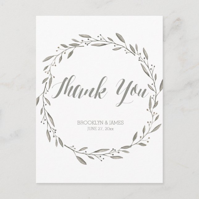 Elégante carte postale Merci de mariage Gris Wreat (Devant)