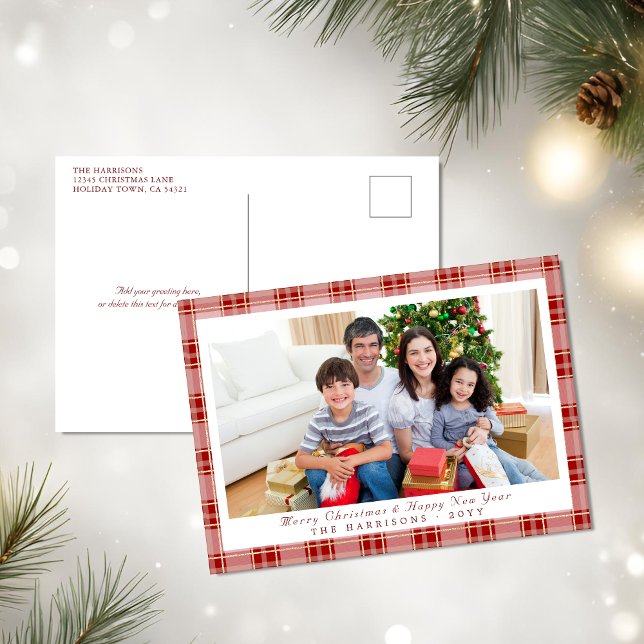 Elégante carte postale photo de Noël Rouge Plaid (Elegant Red Plaid Christmas Photo Postcard)