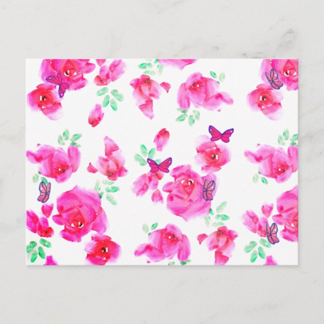 Elégante carte postale Roses roses et Papillons (Devant)