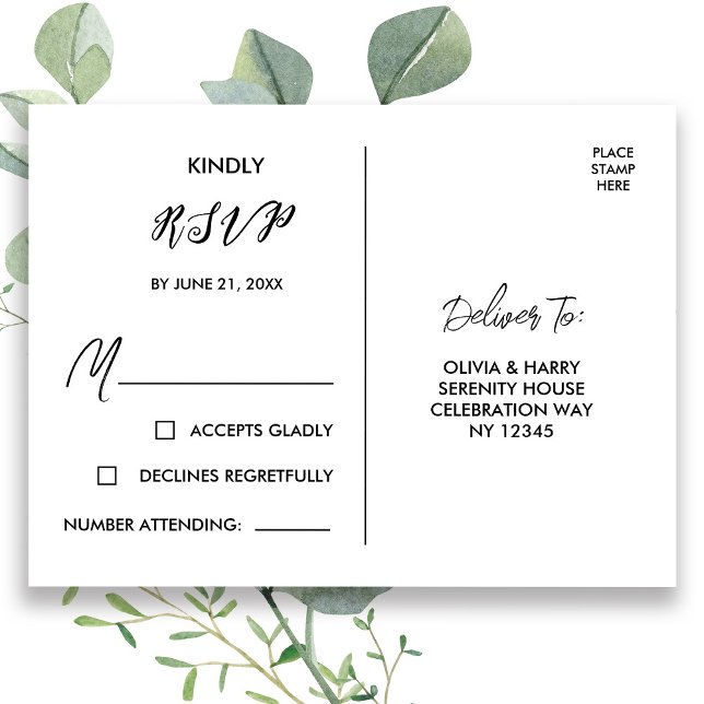 Elégante carte postale RSVP | Blanc noir (Stylishly Personalize with Your Custom Date & Deliver To Address.)