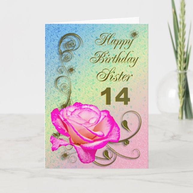 Elégante carte rose 14ème anniversaire pour Soeur (Devant)