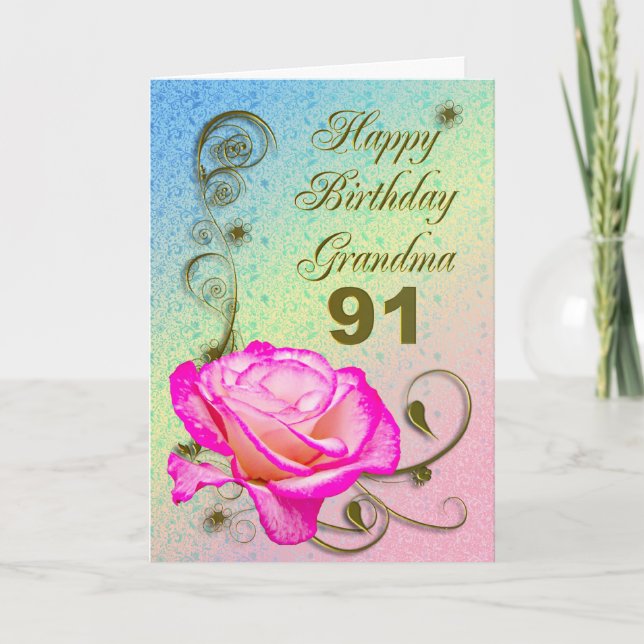 Elégante carte rose 91ème anniversaire pour grand- (Devant)