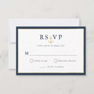 Elégante carte RSVP bleu marine or nautique