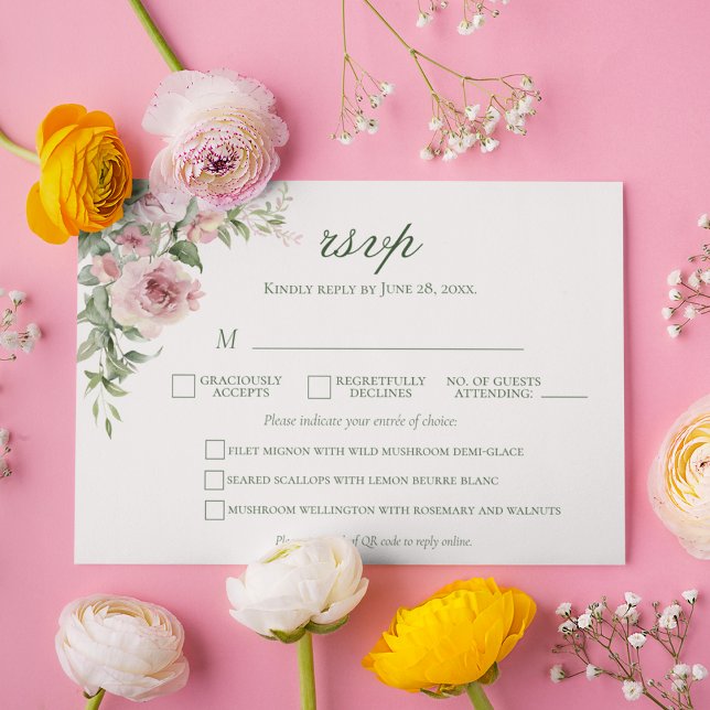 Elégante carte RSVP de mariage rose | Menu Choix (Elegant rustic botanical RSVP cards with pink roses for floral and garden themed weddings)