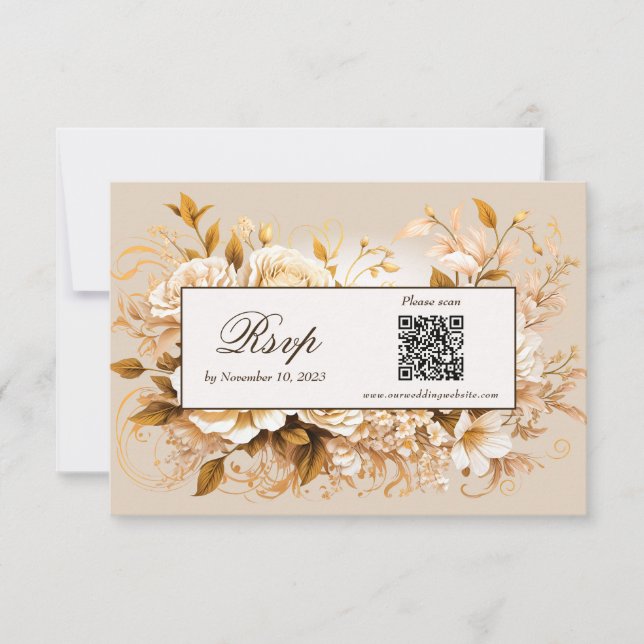 Elégante carte RSVP Gold & Ivory Floral QR Code (Devant)