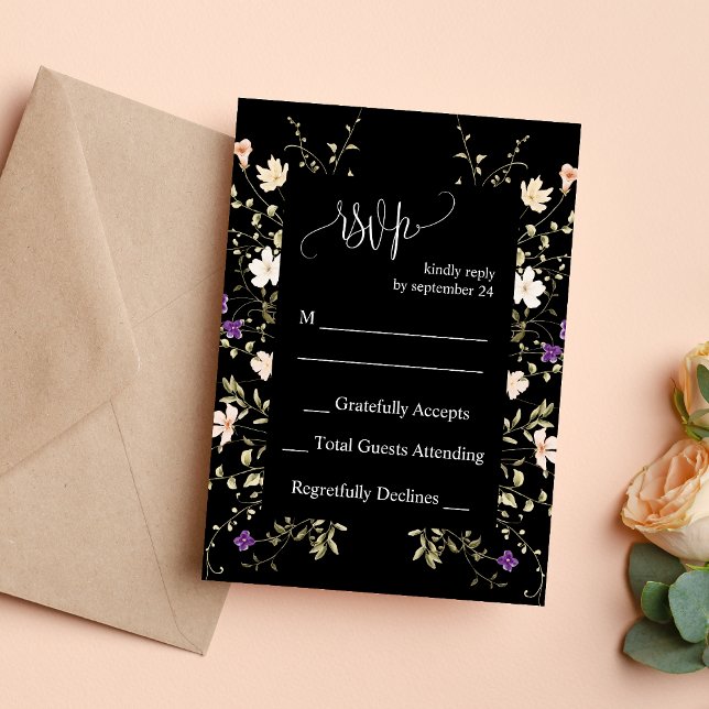 Elégante carte RSVP mariage Fleur sauvage noir (Créateur téléchargé)