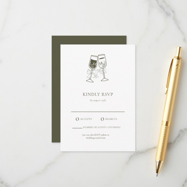 Elégante carte RSVP mariage vert en bois d'olive (Devant/Arrière en situation)