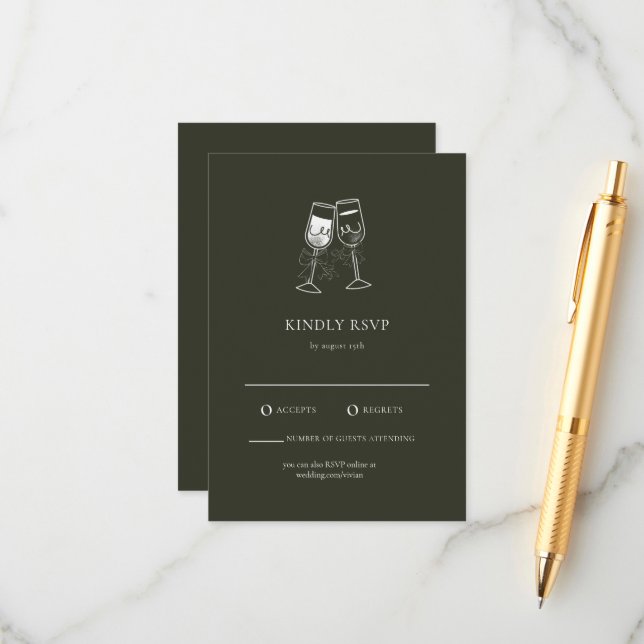 Elégante carte RSVP mariage vert en bois d'olive (Devant/Arrière en situation)