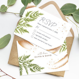 Elégante carte RSVP moderne verte et mariage or
