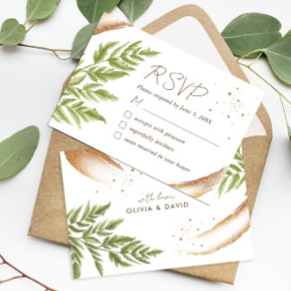 Elégante carte RSVP moderne verte et mariage or