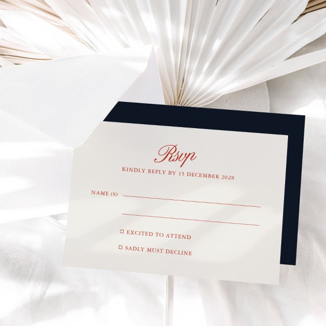 Elégante carte RSVP rouge et noir profond rétro (Elegant Retro Red & Deep Blue Black RSVP Card)