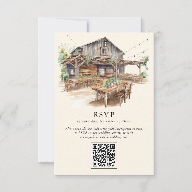 Élégante carte RSVP Rustic Barn QR Code RSVP (Devant)