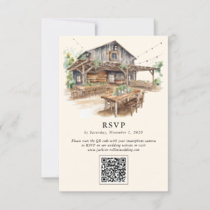 Élégante carte RSVP Rustic Barn QR Code RSVP