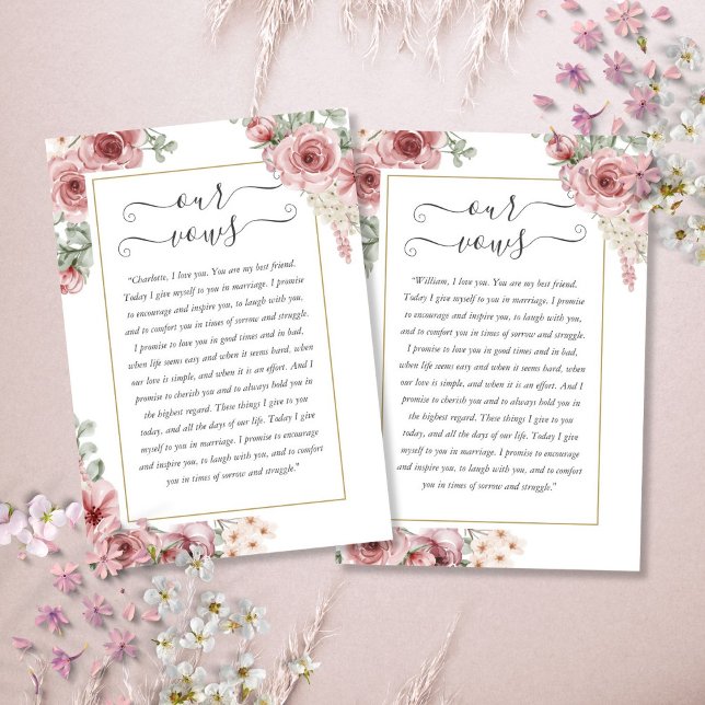 Elégante carte Vows Mariage Rose floral Dusty (Elegant Dusty Rose Floral Wedding Vows Card)