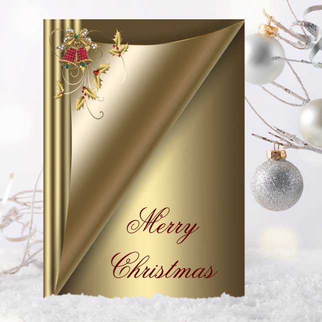 Elégante cloches rouges et carte de Noël Gold Holl (Red and gold Christmas card with pretty bells and holly.)