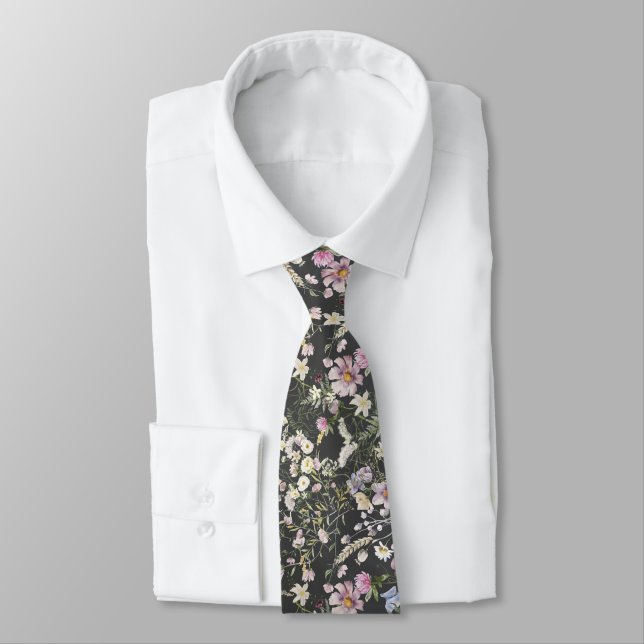 Élégante cravate de Mariage noir floral (Attaché)