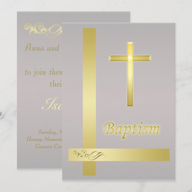 Elégante Croix d'or Baptême Christening Invitation (Devant / Derrière)