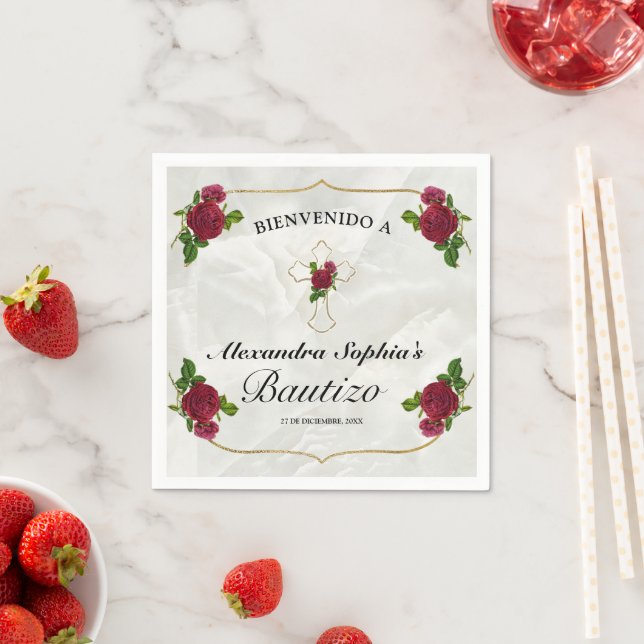Elegante Cruz Dorada Rosas Rojas Niñas Bautizo Napkin (Insitu)