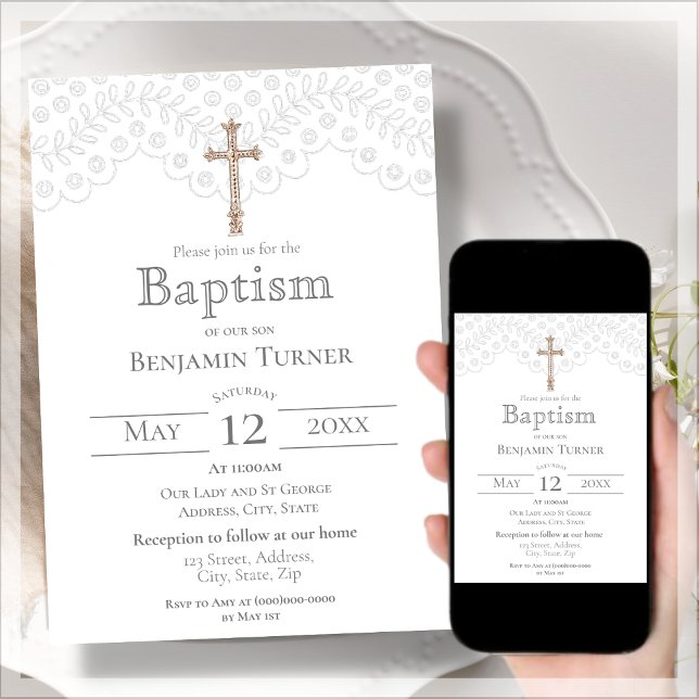 Elégante dentelle blanche | Invitation au baptême (Créateur téléchargé)