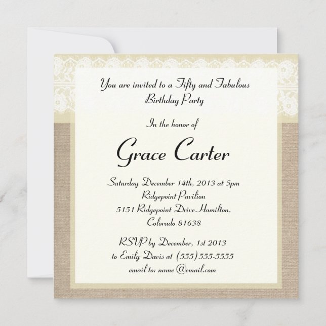 Elégante dentelle de Burlap beige Invitation d'ann (Devant)