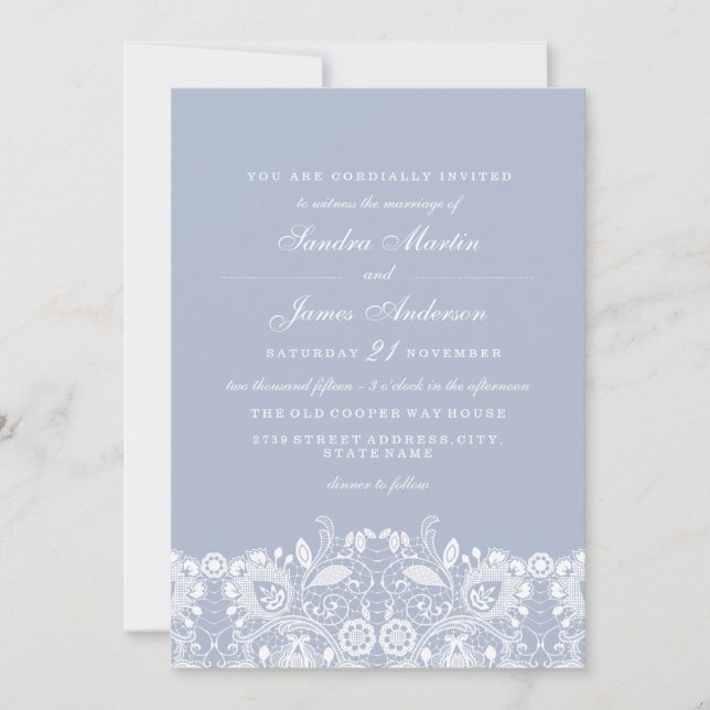 Elégante Dusty Bleu Blanc Dentelle Invitation Mari (Devant)