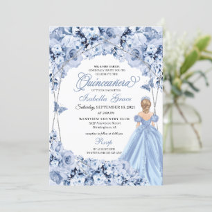 Elégante Dusty Blue Floral Quinceanera Invitation