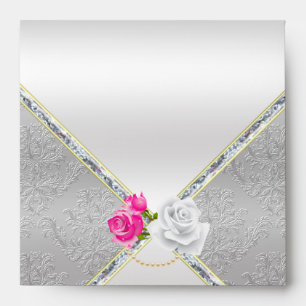 Élégante enveloppe en argent damassé et rose rose