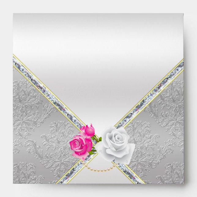 Élégante enveloppe en argent damassé et rose rose (Devant)