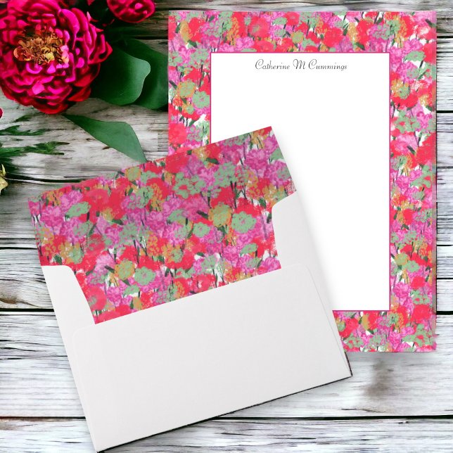 Élégante enveloppe florale rose rouge (Matching lined envelopes are available, along with personalized stationery)
