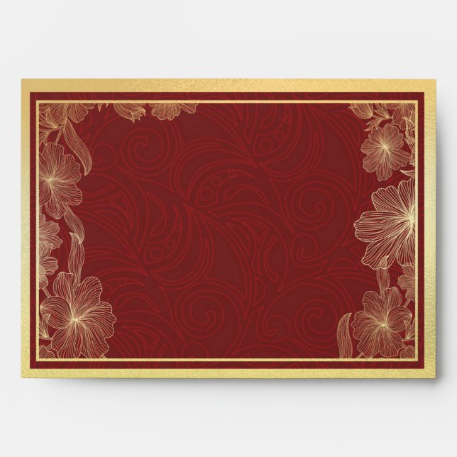 Élégante enveloppe Mariage à cadre Floral Rouge &  (Devant)