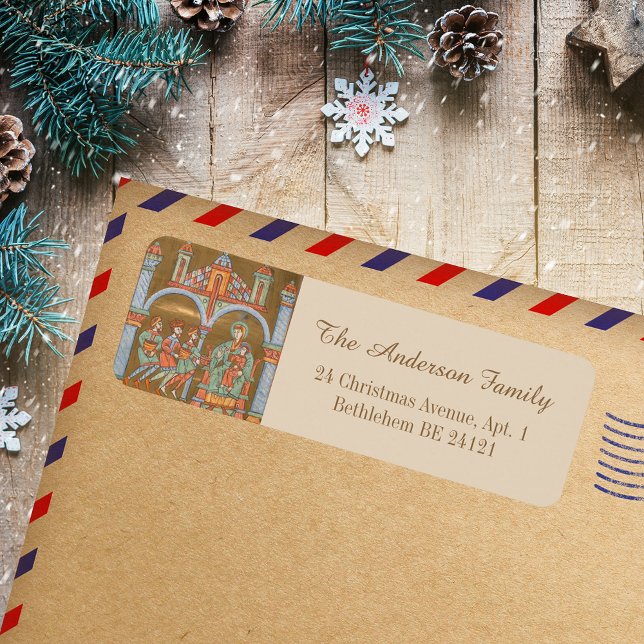 Élégante Epiphanie or Noël Nativité médiévale (Gold Elegant Religious Epiphany Christmas Nativity Scene Medieval Holiday Return Address Label)