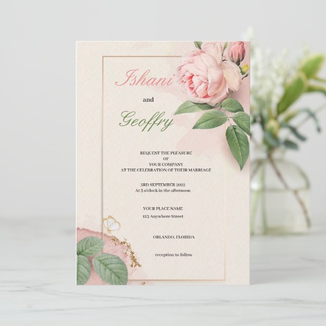 ÉLÉGANTE ET CUTE FLEURS DE MARIAGE ROSE INVITATION (Debout devant)