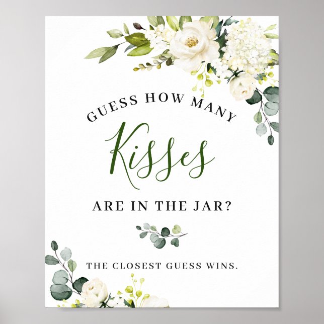 Elégante Eucalyptus Roses Blanches Poster Floral (Devant)