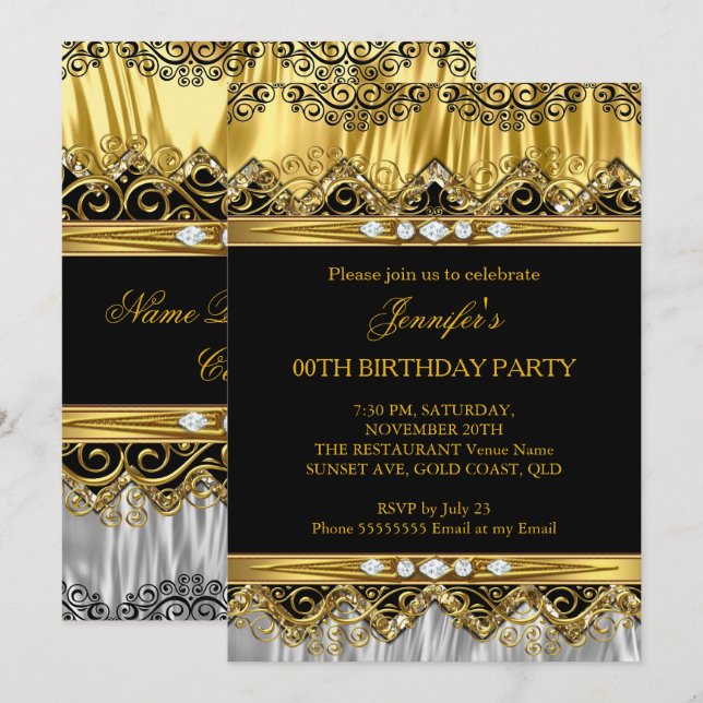 Elégante Faux Gold Silver Black Diamond Invitation (Devant / Derrière)