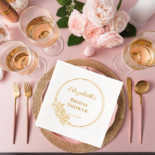 Élégante Fête des mariées de couronne Rose bloquée (Elegant Rose Wreath Outline Bridal Shower Gold Stamped Foil Napkins)