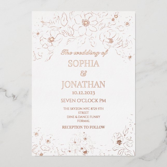 Élégante feuille d'or floral faire-part de mariage (Recto)