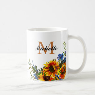 Élégante fille Sunflower Jaune Nom Monogramme Mug