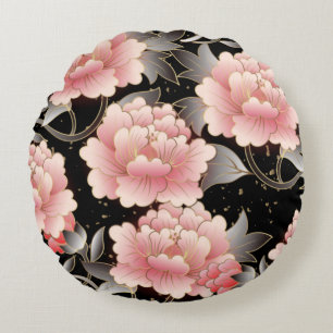 Élégante Fleurs chinoises noires et roses Coussin 