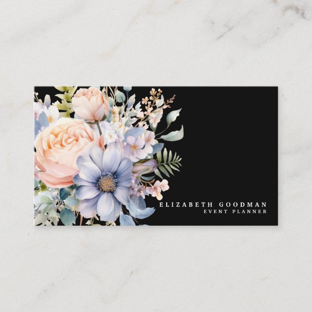 Elégante Fleurs Douces Cartes de visite noirs (Devant)