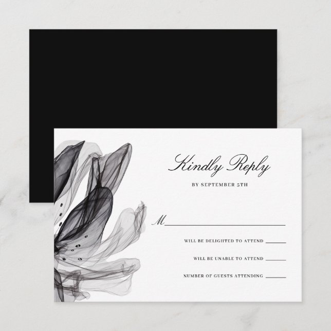 Elégante Fleurs Fumées Noir Mariage Carte RSVP (Devant / Derrière)