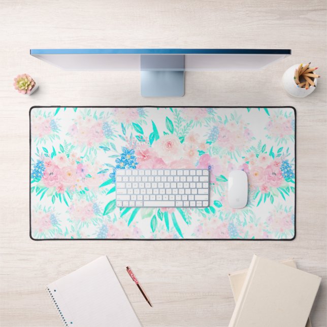 Élégante Fleurs Roses Bleues Florales (Bureau 1)