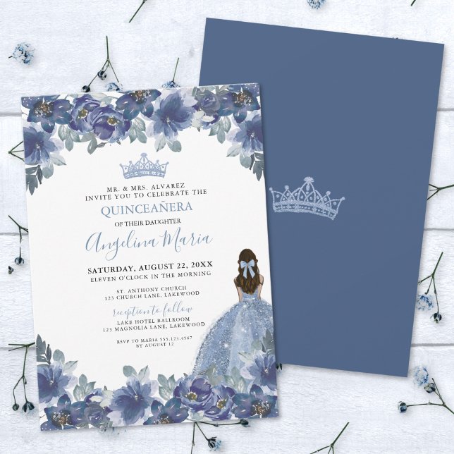 Elégante Floral Blue Quinceanera Invitation (Elegant Floral Blue Quinceanera Invitation)