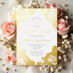 Élégante Floral Girl Baptism Gold Foil Invitation