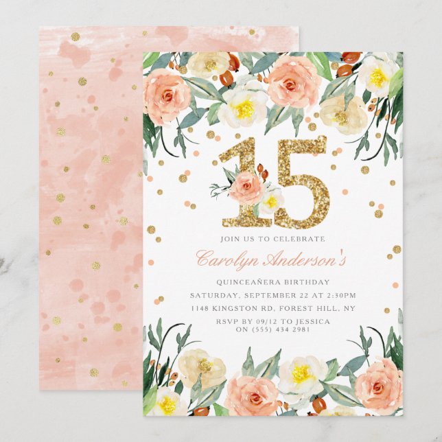Elégante Floral Girls 15e anniversaire Invitations (Devant / Derrière)